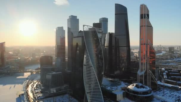 Moscow City Business Center Wolkenkrabbers Zonsondergang Winterlucht Foto Stadsgezicht Schot — Stockvideo