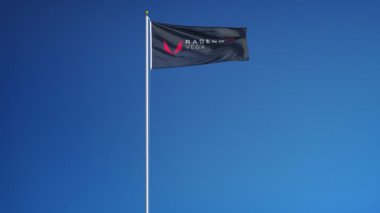 Amd Radeon Vega marka bayrağı mavi gökyüzüne karşı yavaş çekimde sallayarak, editoryal animasyon, sorunsuz döngülü, yakın, siyah ve beyaz mat alfa kanalda izole.