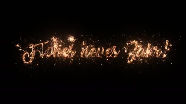 黒い背景に粒子と火花とドイツ語で幸せな新年の挨拶テキスト 美しいタイポグラフィの魔法のデザイン — ストック動画