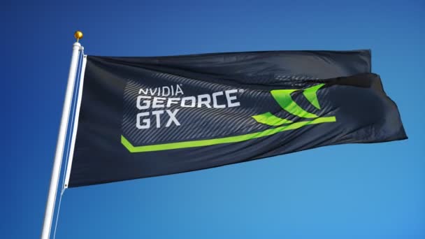 Nvidia Geforce Gtx Logo Flagging Sakte Bevegelse Mot Blå Himmel – stockvideo