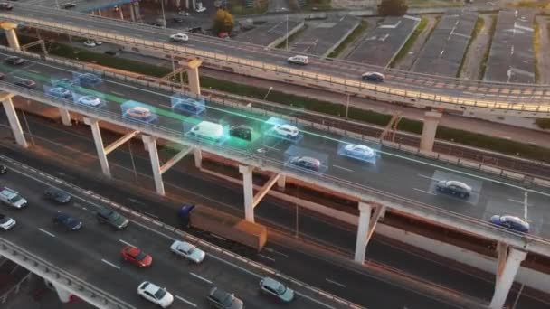 Mooie Lucht Presentatie Van Zelfrijdende Auto Concept Multi Level Highway — Stockvideo