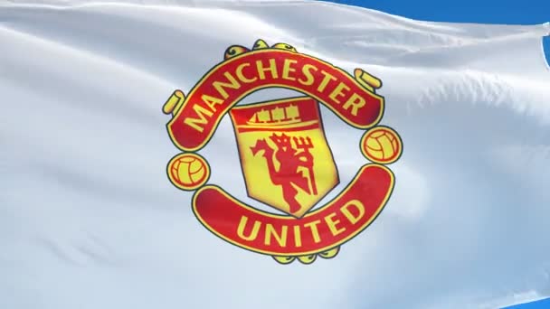 Anglia Manchester Július 2018 Manchester United Lobogója Integetett Lassítva Kék — Stock videók
