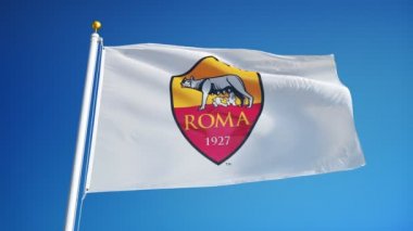 İtalya Roma Temmuz 2018: A.S. Roma bayrağı mavi gökyüzüne karşı yavaş hareketle sallanıyor, editoryal animasyon, sorunsuz döngülü, yakın çekim, alfa kanalında izole.
