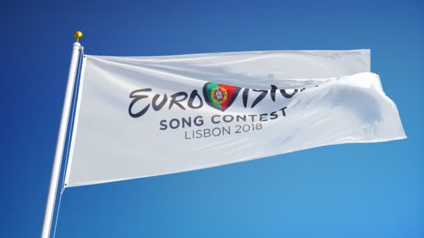 Eurovision Song Contest 2018 Lissabon Flagge Schwenkend Zeitlupe Vor Blauem — Stockvideo