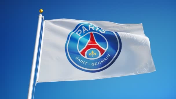 Francia París Julio 2018 Paris Saint Germain Bandera Ondeando Cámara — Vídeo de stock