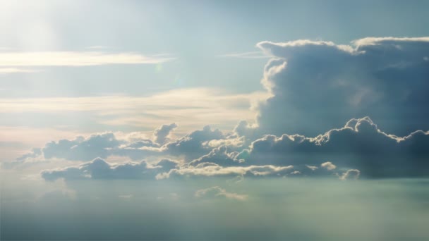 Flying Heavenly Beautiful Cloudscape Dim Sun Rays Clear White Blue — Stock Video