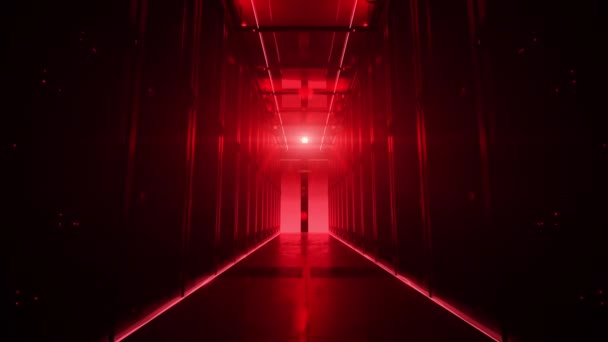 Camera Beweegt Langzaam Langs Gang Datacenter Wanneer Rood Licht Plotseling — Stockvideo