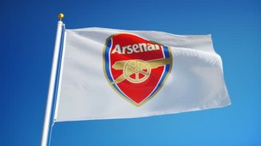 İngiltere Londra Temmuz 2018: Arsenal F.C. bayrağı mavi gökyüzüne karşı yavaş hareketle sallanıyor, editoryal animasyon, sorunsuz döngülü, yakın çekim, alfa kanalında izole.