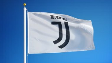 İtalya Torino Temmuz 2018: Juventus F.C. bayrağı mavi gökyüzüne karşı yavaş hareketle sallanıyor, editoryal animasyon, sorunsuz döngülü, yakın çekim, alfa kanalında izole.