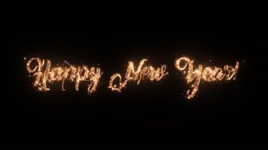 Siyah arka plan, güzel tipografi sihirli tasarım üzerinde parçacıklar ve kıvılcımlar ile Happy New Year tebrik metin.