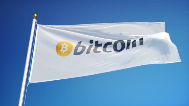 Bitcoin Logotipo Bandeira Acenando Câmera Lenta Contra Céu Azul Animação — Vídeo de Stock