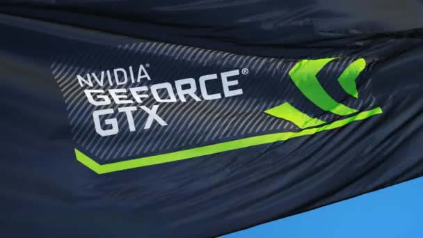 Nvidia Geforce Gtx 标志标志标志旗在蓝天上以慢动作挥舞 编辑动画 无缝循环 隔离在阿尔法通道与黑色和白色哑光 — 图库视频影像