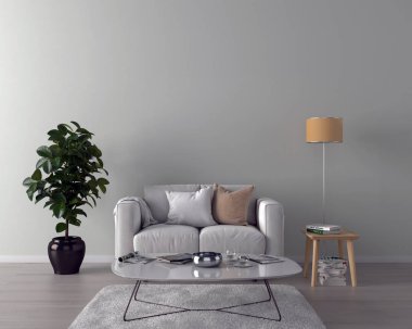 Oturma odası iç kanepe, yastıklar ve sehpanın üzerine ışık duvar arka plan ile. 3D render.