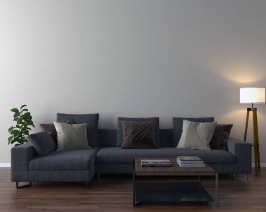 Oturma odası iç kanepe, yastıklar ve sehpanın üzerine ışık duvar arka plan ile. 3D render.