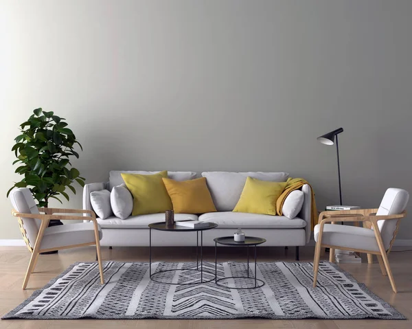 Oturma odası iç kanepe, yastıklar ve sehpanın üzerine ışık duvar arka plan ile. 3D render.