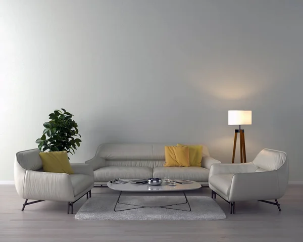 Oturma Odası Kanepe Yastıklar Sehpanın Üzerine Işık Duvar Arka Plan — Stok fotoğraf