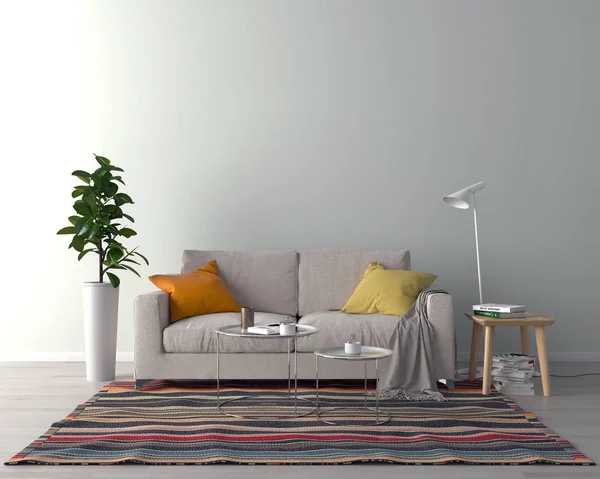 Wohnzimmereinrichtung Mit Sofa Kissen Und Couchtisch Auf Hellem Wandhintergrund Darstellung — Stockfoto