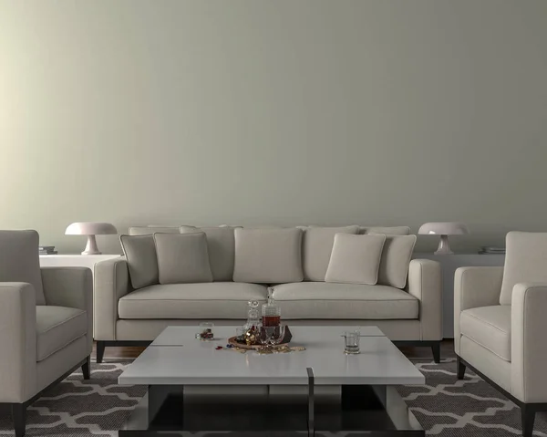 Interieur Van Woonkamer Met Sofa Kussens Koffietafel Lichte Muur Achtergrond — Stockfoto