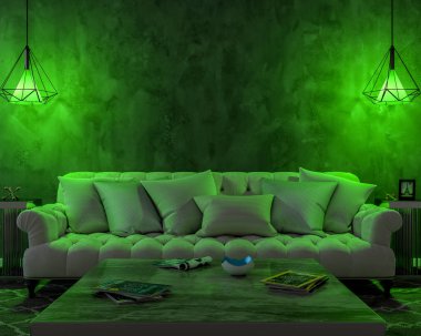İç iki lamba, bir kanepe, bir tablo, bir halı ve boş bir duvar ile gece. Işık yeşil. 3D çizim
