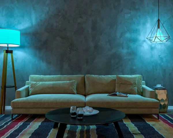 Interior Noite Com Duas Lâmpadas Sofá Uma Mesa Tapete Uma — Fotografia de Stock