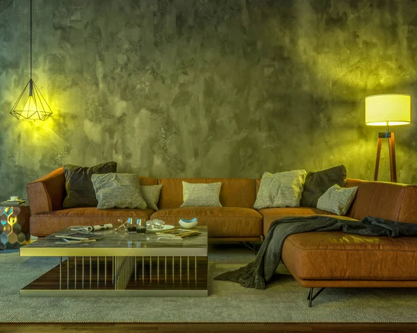 Interior at night with two lamps, a sofa, a table, a carpet and an empty wall. The light is yellow. 3d illustration