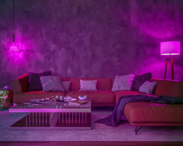 Interior at night with two lamps, a sofa, a table, a carpet and an empty wall. The light is purple. 3d illustration
