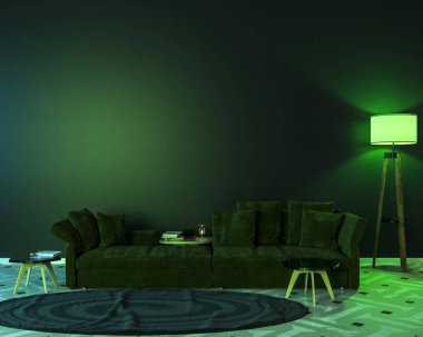 İç iki lamba, bir kanepe, bir tablo, bir halı ve boş bir duvar ile gece. Işık yeşil. 3D çizim