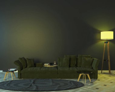 İç iki lamba, bir kanepe, bir tablo, bir halı ve boş bir duvar ile gece. Sarı bir ışık var. 3D çizim