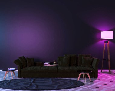 İç iki lamba, bir kanepe, bir tablo, bir halı ve boş bir duvar ile gece. Mor nurudur. 3D çizim