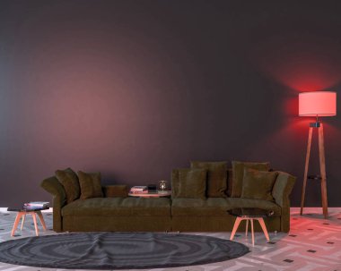 İç iki lamba, bir kanepe, bir tablo, bir halı ve boş bir duvar ile gece. Kırmızı ışıktır. 3D çizim