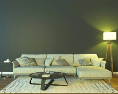 İç iki lamba, bir kanepe, bir tablo, bir halı ve boş bir duvar ile gece. Sarı bir ışık var. 3D çizim