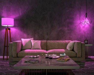 İç iki lamba, bir kanepe, bir tablo, bir halı ve boş bir duvar ile gece. Mor nurudur. 3D çizim