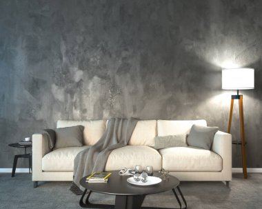 İç iki lamba, bir kanepe, bir tablo, bir halı ve boş bir duvar ile gece. Beyaz ışıktır.