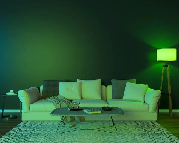 Innenraum Der Nacht Mit Zwei Lampen Einem Sofa Einem Tisch — Stockfoto