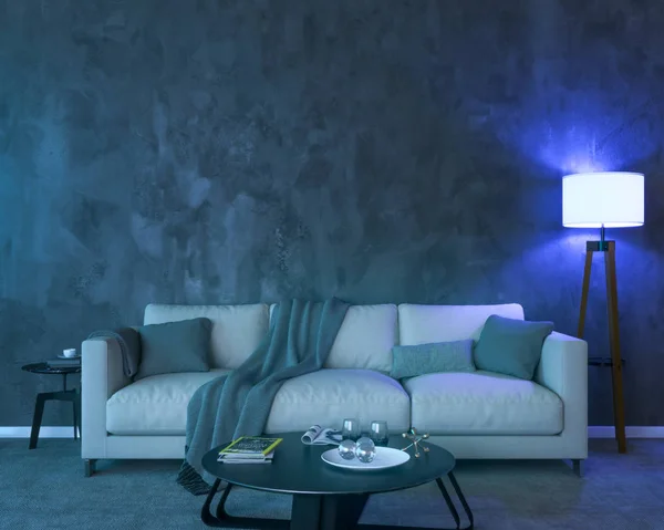 つのランプ ソファー テーブル カーペット 空の壁と夜のインテリア 光は青色です イラストレーション — ストック写真