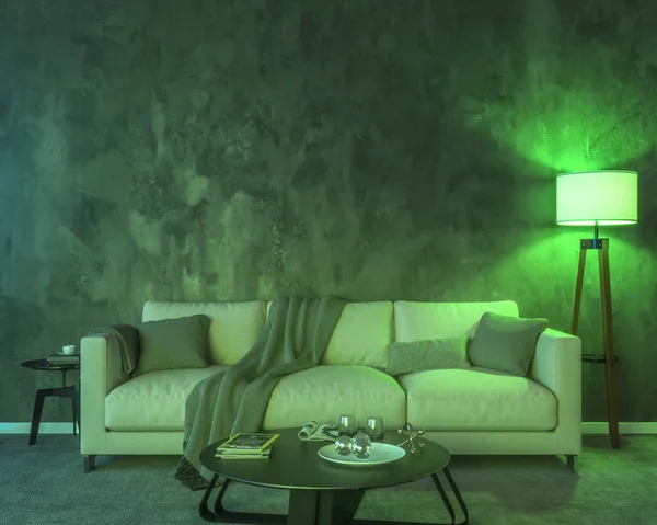 Interior at night with two lamps, a sofa, a table, a carpet and an empty wall. The light is green. 3d illustration