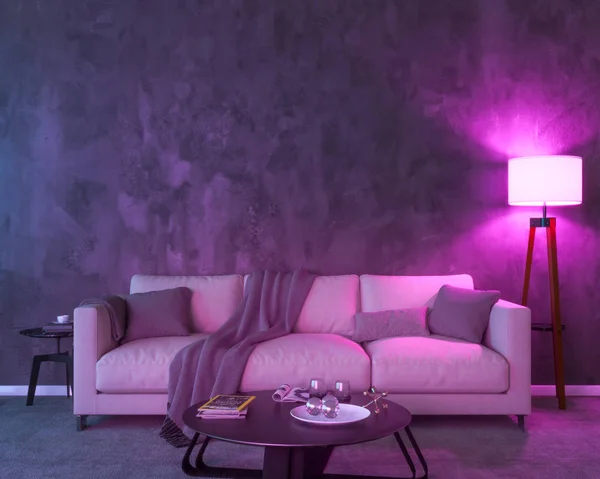 Interior at night with two lamps, a sofa, a table, a carpet and an empty wall. The light is purple. 3d illustration