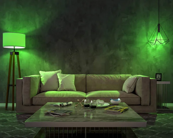 Interior at night with two lamps, a sofa, a table, a carpet and an empty wall. The light is green. 3d illustration