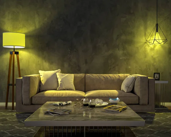 Éjjel Két Lámpa Kanapé Asztal Szőnyeg Egy Üres Fal Belső — Stock Fotó