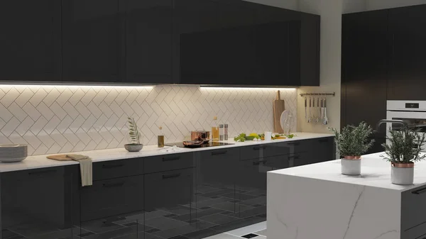 Interior da cozinha moderna com faixa de luz — Fotografia de Stock