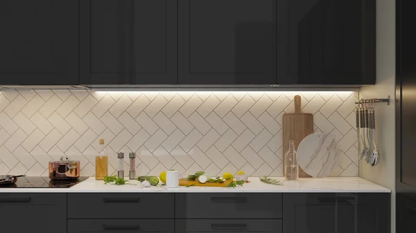 Cucina moderna interno con striscia di luce — Foto Stock