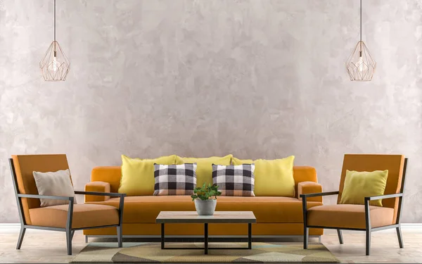 Orange sofa with yellow pillows. Empty wall in background - 3D i