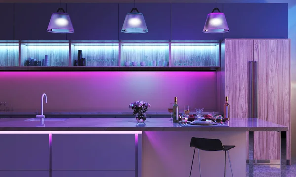 Modern kitchen with colored led lights — Stock Photo, Image