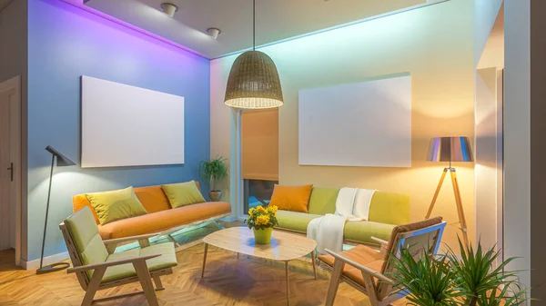 Moderní obývací pokoj s barevným LED světlem - Obrázek pozadí — Stock fotografie