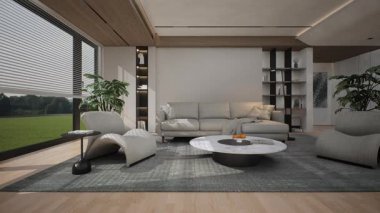 A modern interior with a serene meadow view. The camera slowly pans from the left side of the room to the right, revealing an elegant design and natural light.