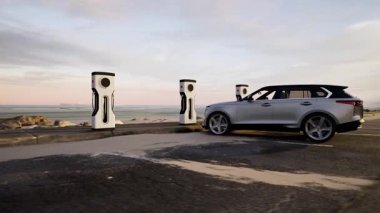 Electric SUV at a Peaceful Coastal Parking Lot with Futuristic Chargers