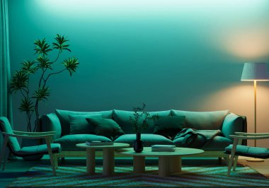 Modern living room with elegant furniture and turquoise-green ambient lighting: peaceful evening atmosphere