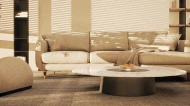 Güneş ışığının kanepede ve zeminde hareket ettiği güneşli bir oturma odası. Zaman Uygulaması.