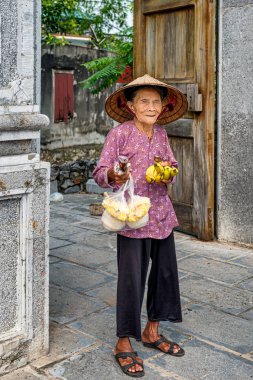 Hoa Lu, Vietnam - 28 Ekim 2017: Kadın muz Vietnam Hoa Lu eski başkenti girişinde satmaktadır. 10 ve 11 yüzyıllarda başkent yapıldı.. 