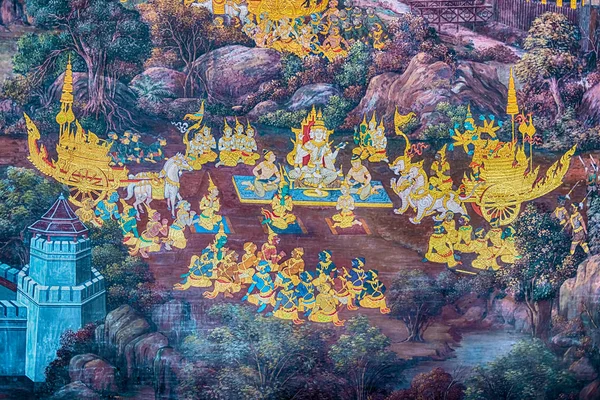 泰国曼谷2017年11月24日垲在泰国曼谷 寺庙内墙壁画描绘了 Ramayana 史诗传奇故事 — 图库照片